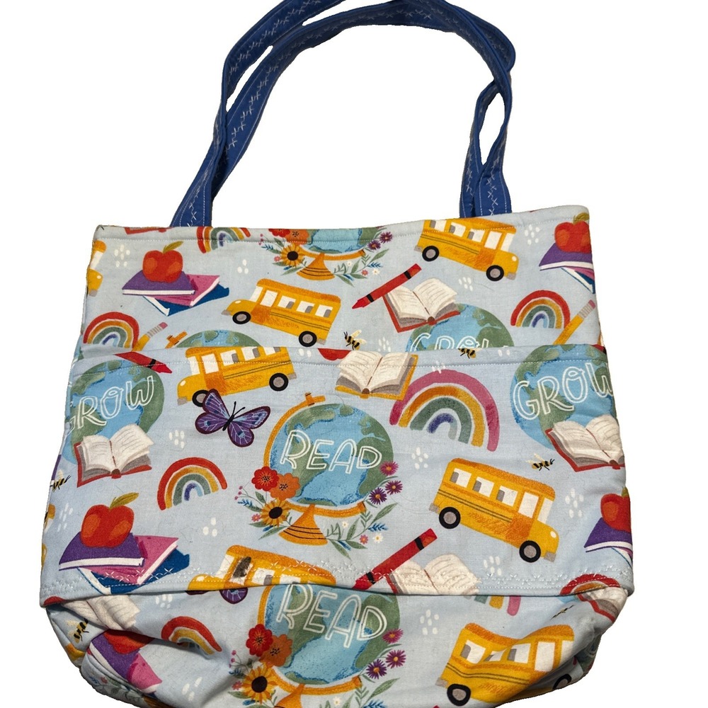 Handmade Teacher School Tote Bag Shoulder Pocket Bus Books Cotton Back To School